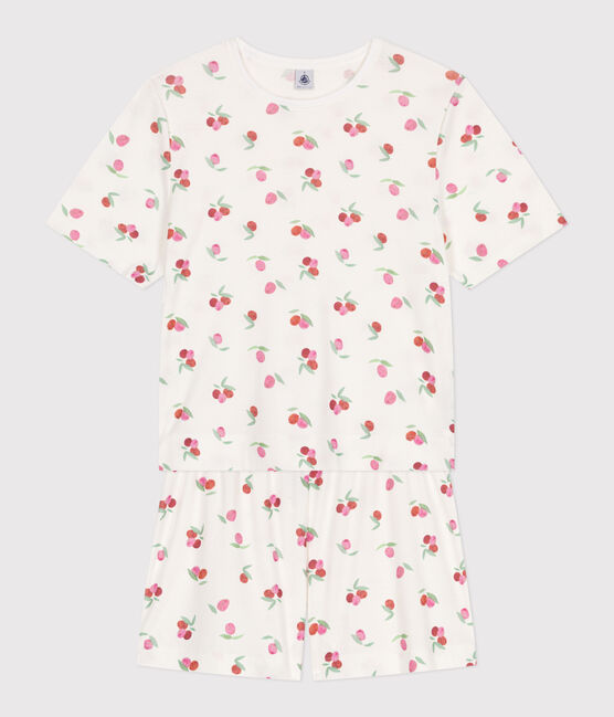 Korte katoenen damespyjama met vruchtenprint wit MARSHMALLOW/wit MULTICO