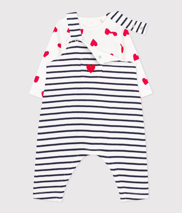 Ensemble salopette/body b&eacute;b&eacute; ray&eacute; et body imprim&eacute; c&oelig;urs blanc/bleu