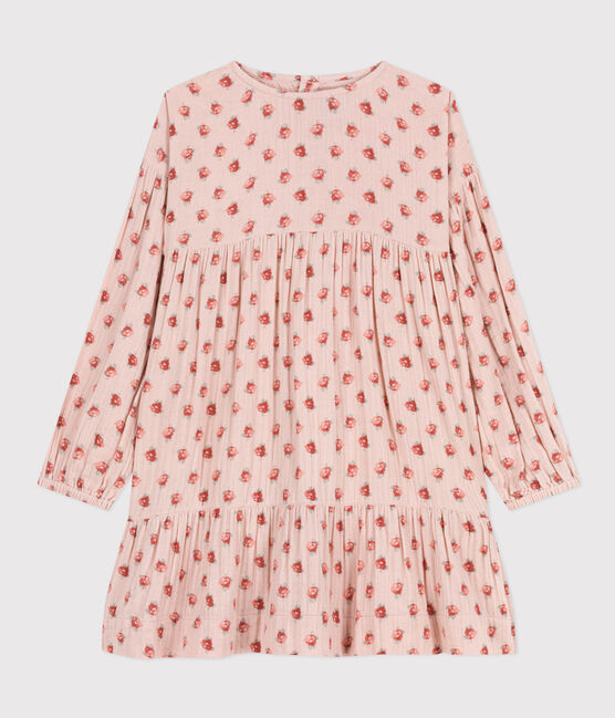 Robe manches longues en gaze de coton fleurie enfant fille rose SALINE/blanc MULTICO