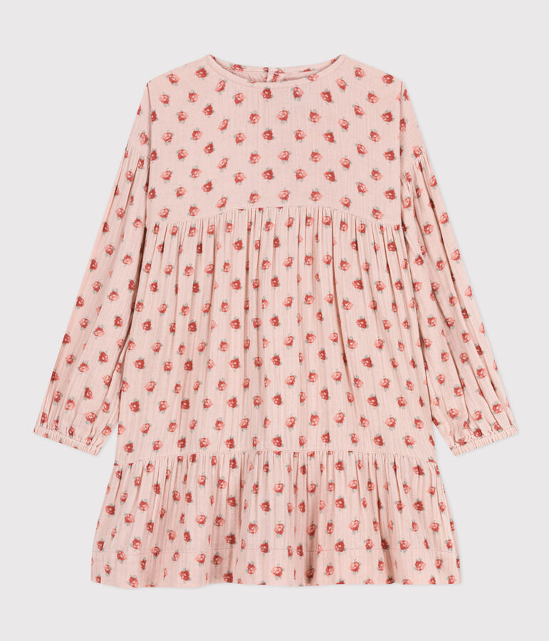 Robe manches longues en gaze de coton fleurie enfant fille rose/multicouleur