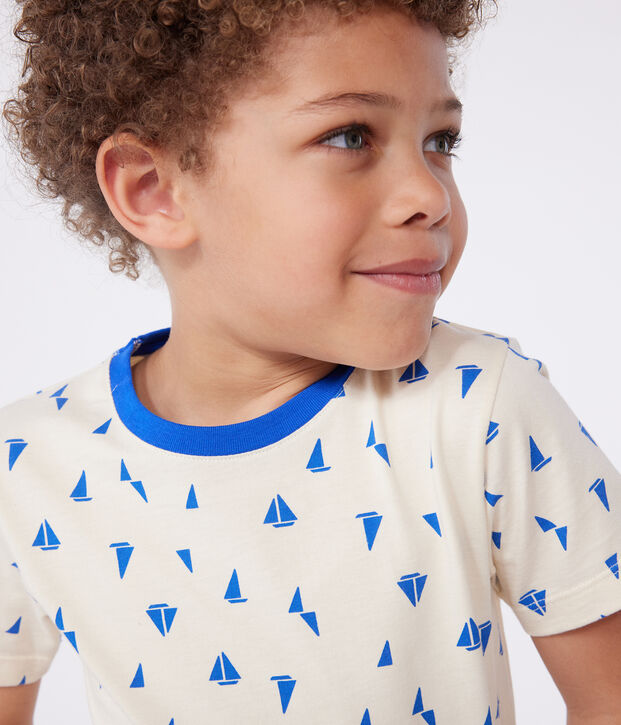 Tee-shirt enfant en coton manches courtes imprim&eacute; &eacute;cru/bleu