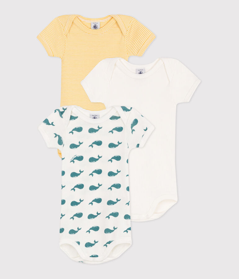 Lot de 3 bodies manches courtes en coton baleines b&eacute;b&eacute; multicouleur