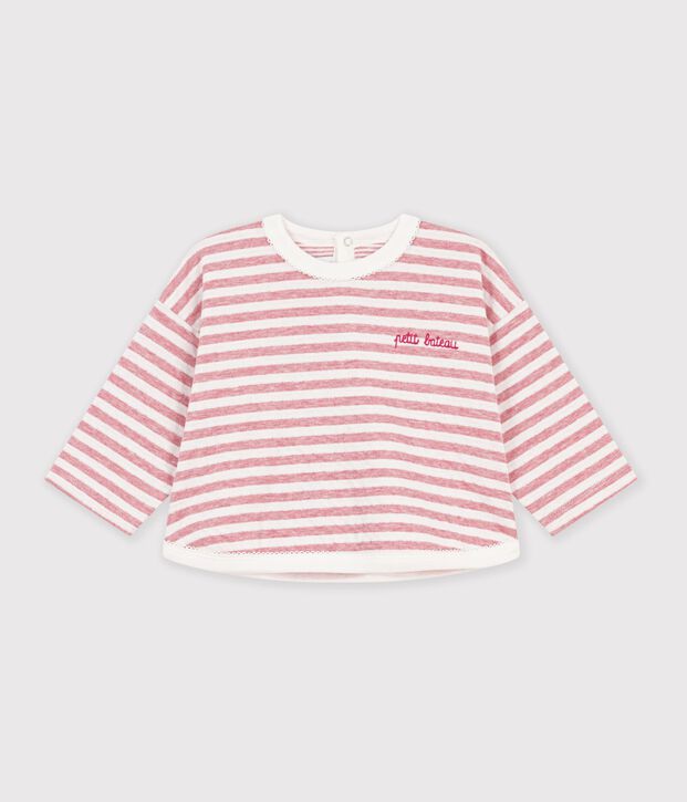 Gestreept T-shirt met lange mouwen in katoen voor baby's roze/ecru