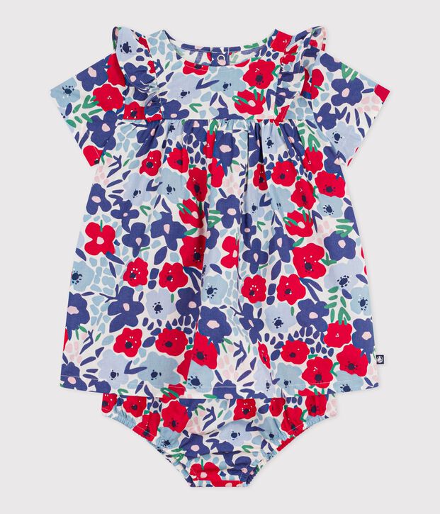 Katoenen babyjurk met korte mouwen en pofbroekje met bloemetjesprint wit/multicouleur