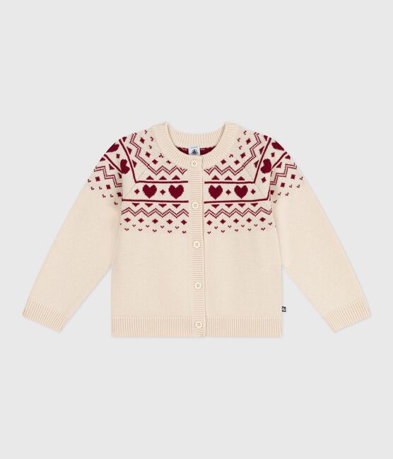 Cardigan enfant en laine et coton à motif jacquard écru AVALANCHE/ AMARANTE