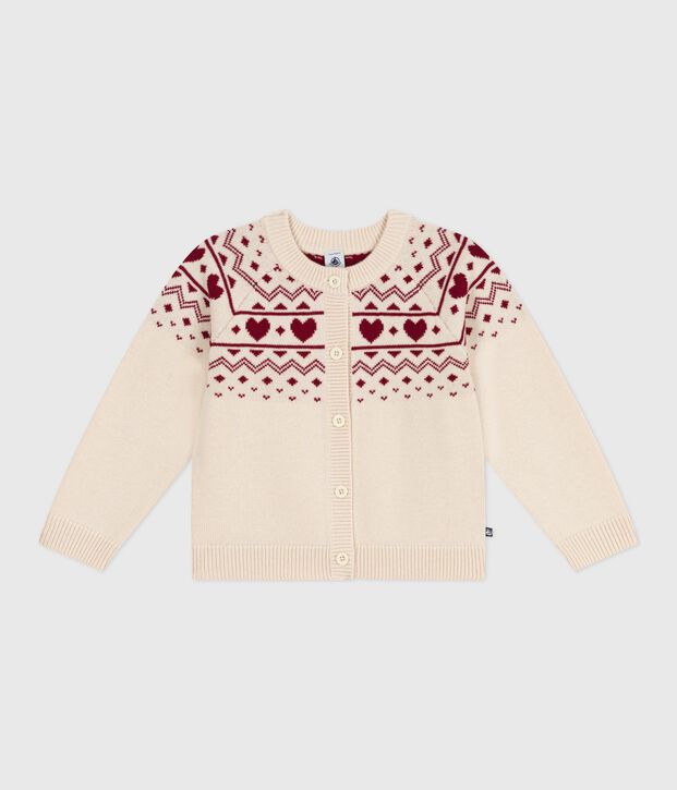 Cardigan van jacquard uit wol en katoen met motief voor kinderen ecru/rood