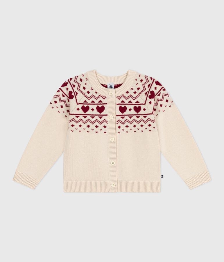 Cardigan enfant en laine et coton &agrave; motif jacquard &eacute;cru/rouge