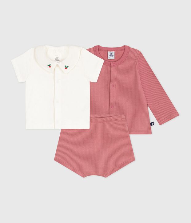 Ensemble naissance trois pi&egrave;ces en coton et tee-shirt &agrave; col brod&eacute; rose/multicouleur