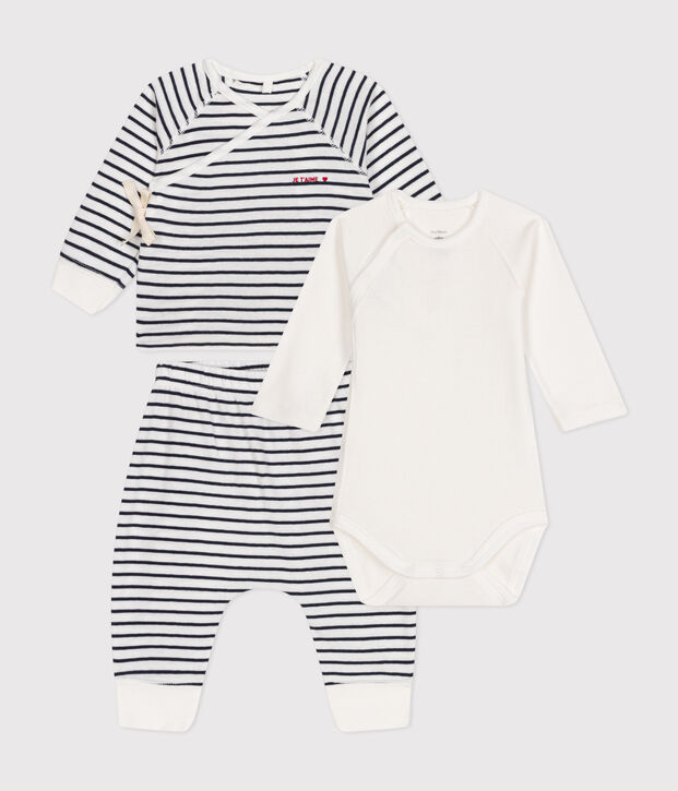 Ensemble 3 pi&egrave;ces ray&eacute; en coton b&eacute;b&eacute; blanc/bleu