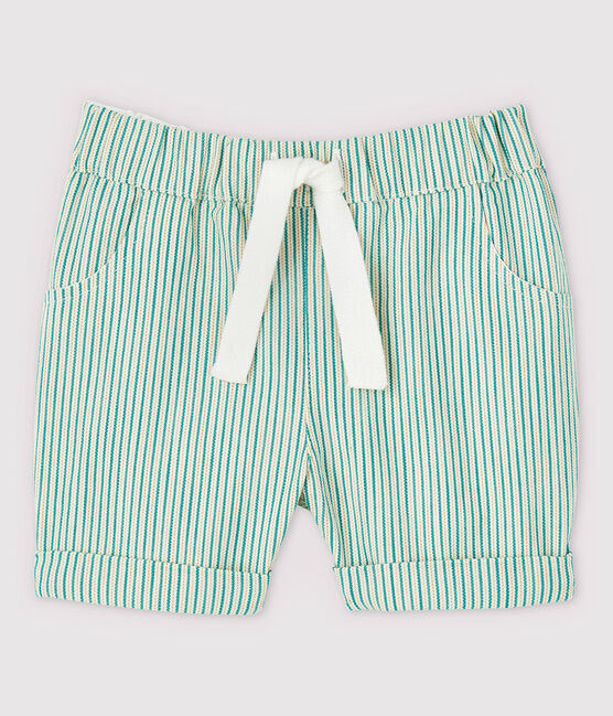 Short rayé en serge craquante bébé garçon blanc MARSHMALLOW/vert GAZON