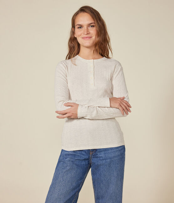 Tee-shirt manches longues col tunisien en côte désaiguillée unie uni femme beige MONTELIMAR CHINE