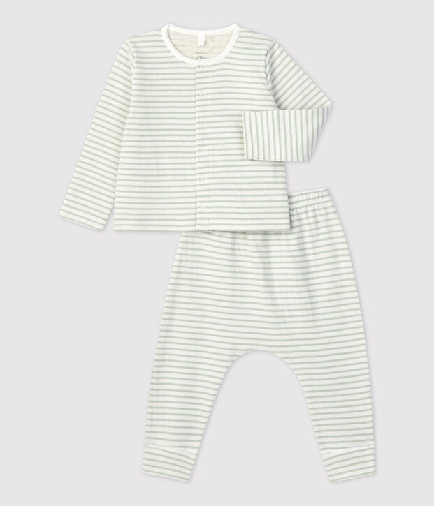Ensemble 2 pi&egrave;ces ray&eacute; en tubique bio b&eacute;b&eacute; blanc/vert