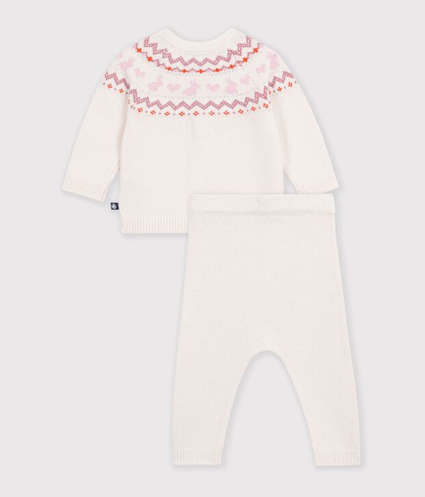 Gebreid babysetje met jacquardmotief. ecru/roze