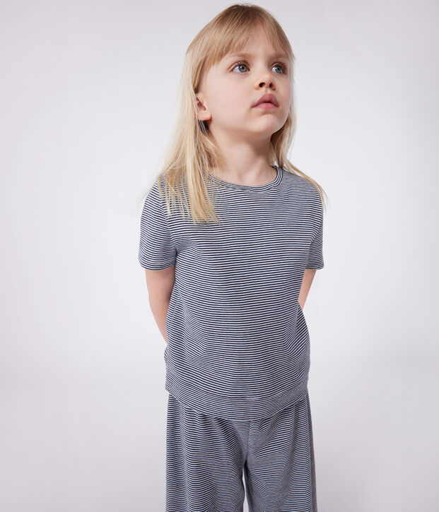 Katoenen gestreepte kinderpyjama met korte mouwen en wijde pijpen blauw/wit