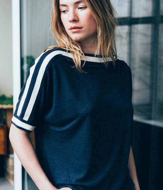 dames tee-shirtmet korte mouwen in linnen blauw SMOKING