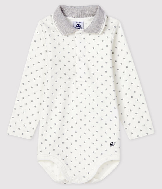 Body manches longues col polo bébé blanc MARSHMALLOW/gris GRIS