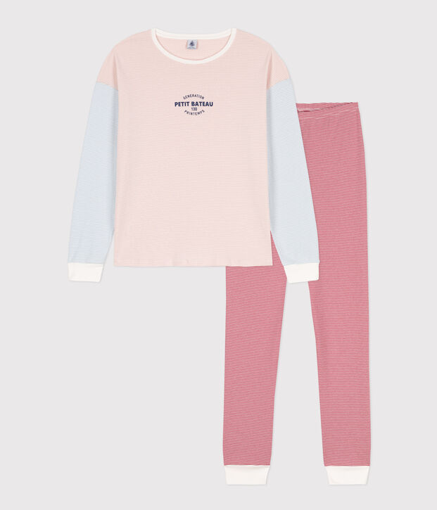 Katoenen  driekleurige damespyjama met milleraies-streepjes wit/multicouleur