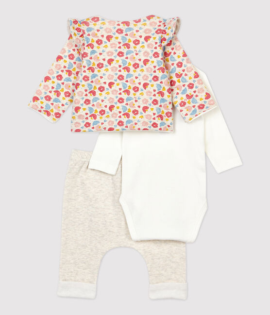 Ensemble 3 pièces imprimé fleurs bébé fille en laine et coton biologique beige MONTELIMAR/blanc MULTICO