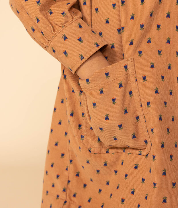 Meisjesjurk met lange mouwen in dun bloemenvelours roze/multicouleur
