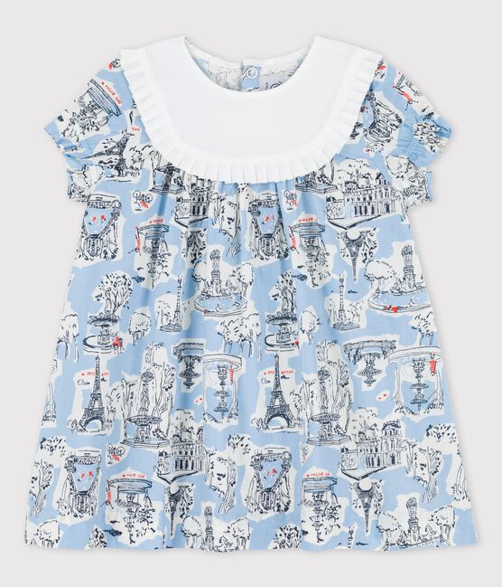 Jurk met Parijs-print van popeline voor baby's wit MARSHMALLOW/wit MULTICO