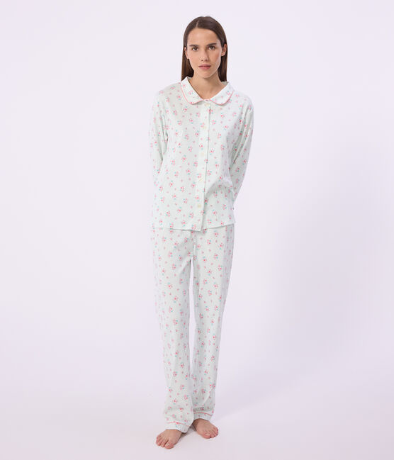 Pyjama boutonné femme en coton imprimé blanc MARSHMALLOW/blanc MULTICO