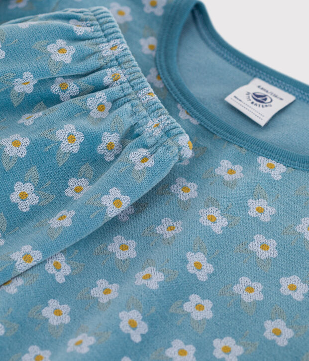 Fluwelen meisjespyjama met bloemetje blauw/multicouleur