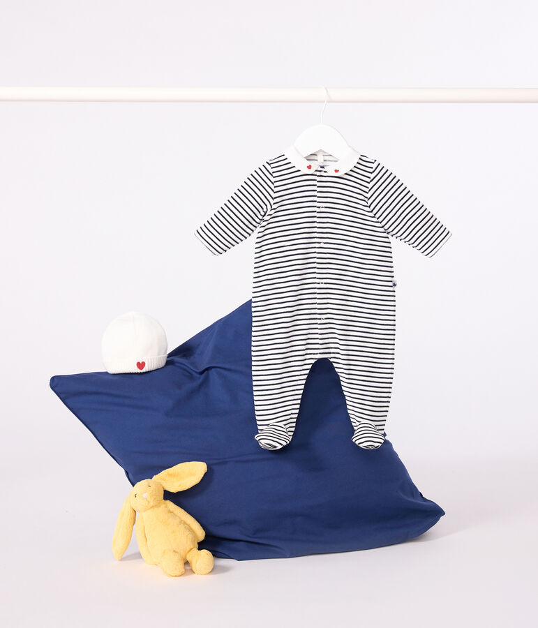Fluwelen babypyjama met kraag en print wit/blauw
