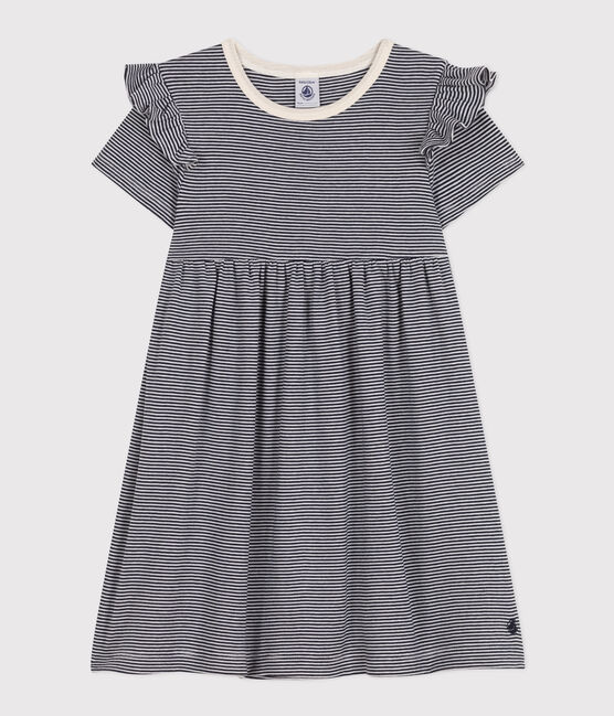 Meisjesjurk met streepjes en korte mouwen in katoen blauw SMOKING/wit MARSHMALLOW