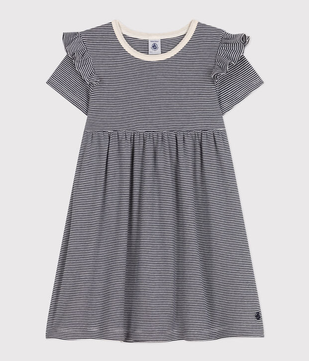 Robe ray&eacute;e manches courtes en coton enfant fille bleu/blanc