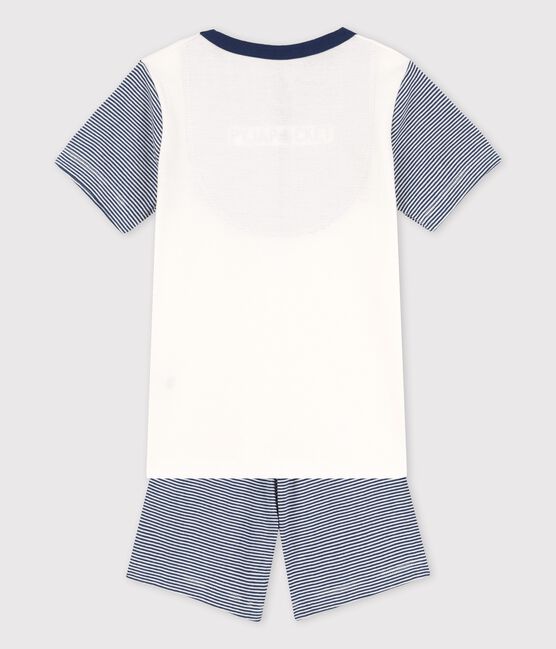 Blauwe, korte jongenspyjama met milleraies-strepen in katoen wit MARSHMALLOW/blauw MEDIEVAL