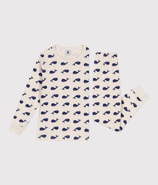 Pyjama enfant en coton imprim&eacute; baleines beige/bleu