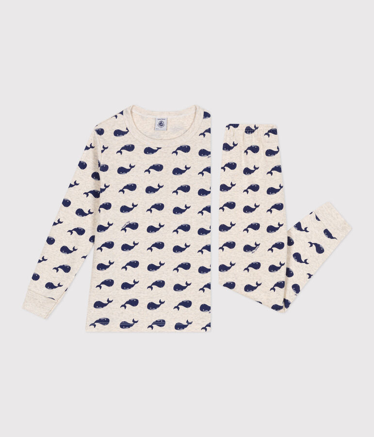 Pyjama enfant en coton imprim&eacute; baleines beige/bleu