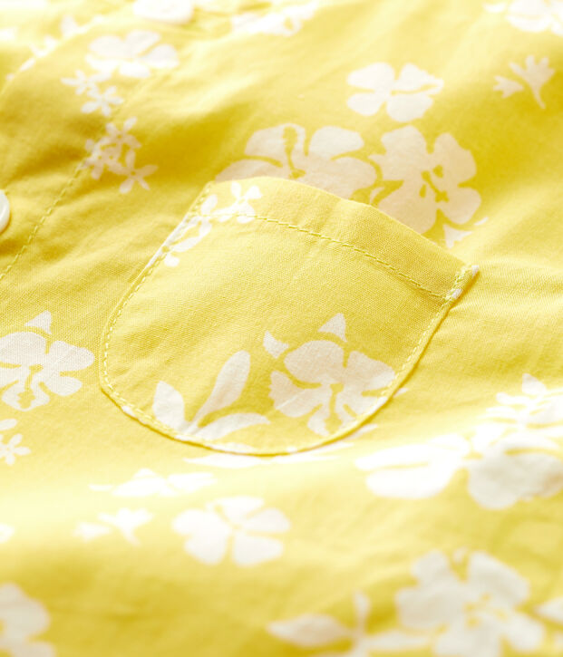 Korte bedrukte tuinbroek in biologisch popeline met Hawa&iuml;print voor baby's geel/wit