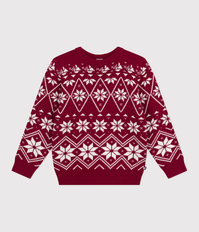 Kindertrui in wol en katoen met motief rood/ecru