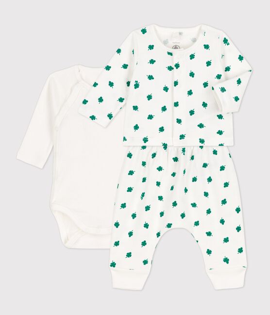 Ensemble 3 pièces bébé imprimé végétal en molleton bio blanc MARSHMALLOW/vert GAZON