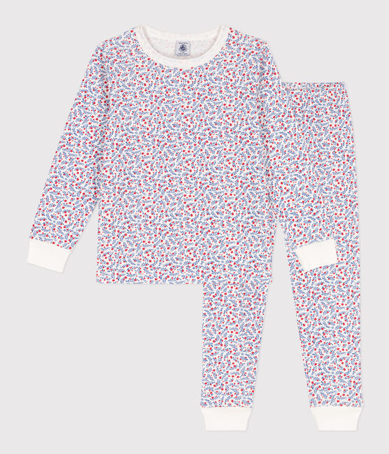 Meisjespyjama met bloemenprint in katoen wit MARSHMALLOW/wit MULTICO