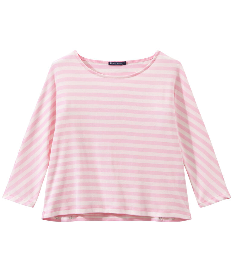 Dames-T-shirt met 3/4 mouwen en streepjes roze BABYLONE/wit MARSHMALLOW