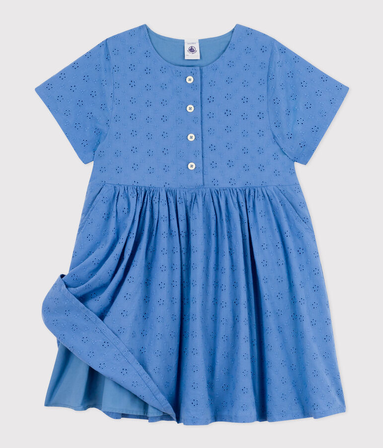 Robe manches courtes en broderie anglaise enfant fille bleu