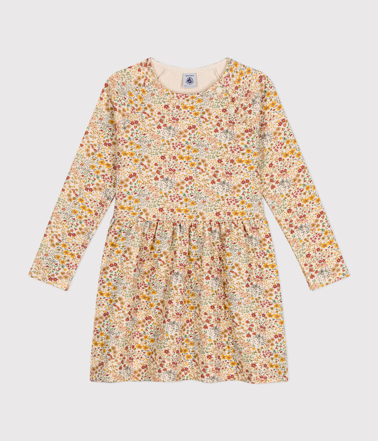 Meisjesjurk met lange mouwen van tubic ecru/multicouleur