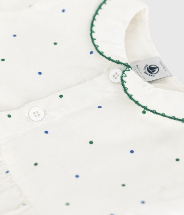 Katoenen babyspeelpakje met korte mouwen, kraagje en stippenprint wit/multicouleur