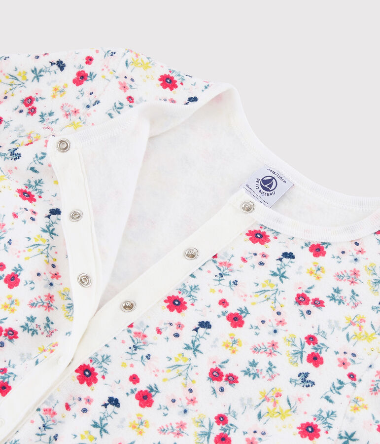 Meisjespakje van geruwde boucl&eacute;badstof met bloemen wit/multicouleur