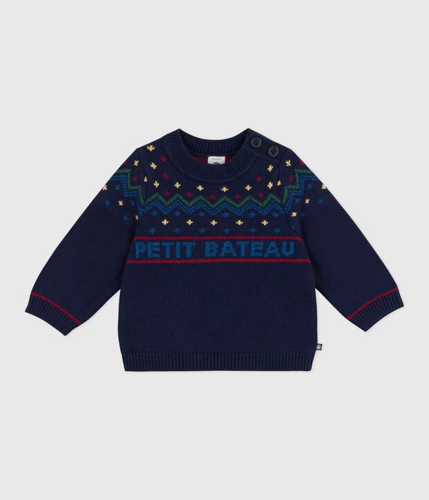 Pull b&eacute;b&eacute; en laine et coton &agrave; motifs bleu/multicouleur
