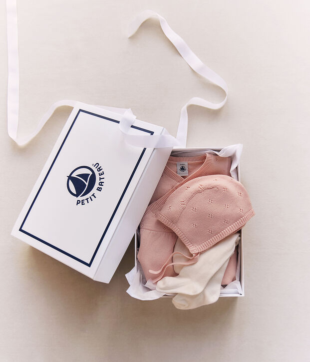 Babycadeausetje met mutsje, kruippakje en broekkousen in tricot multicouleur