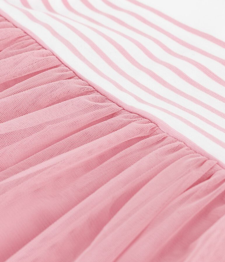 Robe b&eacute;b&eacute; coton et tulle manches courtes, haut ray&eacute; blanc/rose