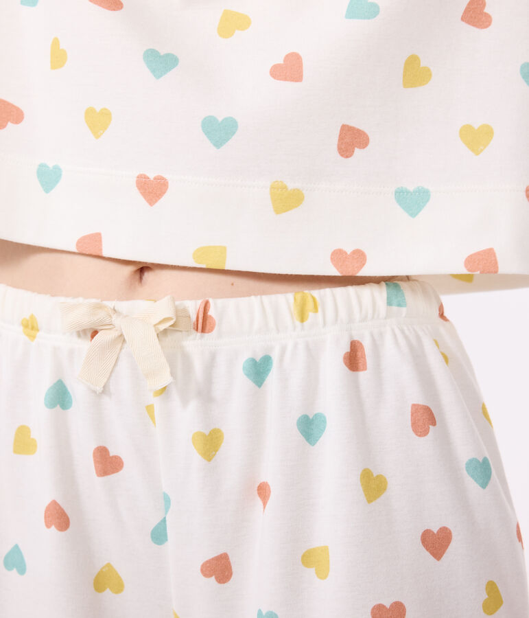 Korte katoenen damespyjama met hartjesprint wit/multicouleur