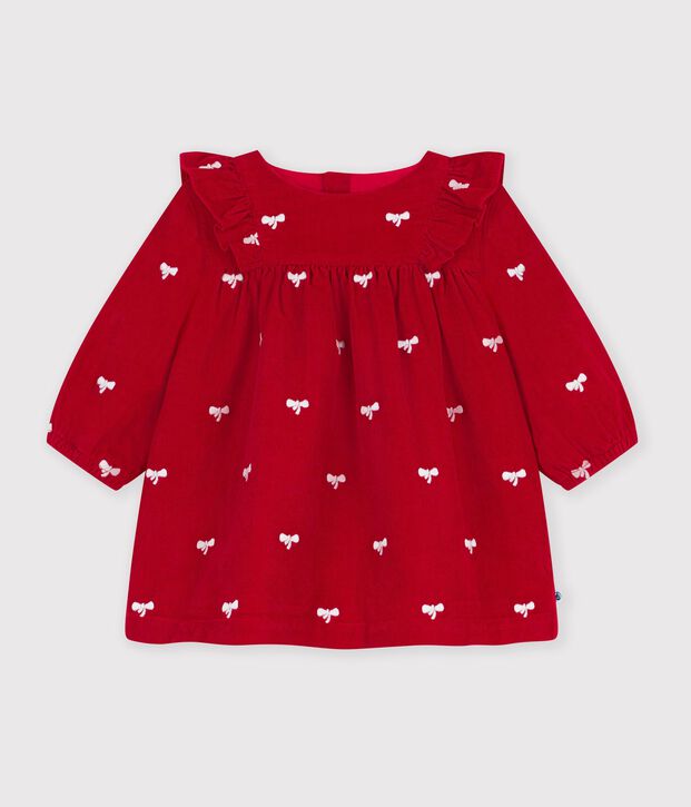 Robe b&eacute;b&eacute; en velours manches longues et broderies motif n&oelig;uds rouge/&eacute;cru