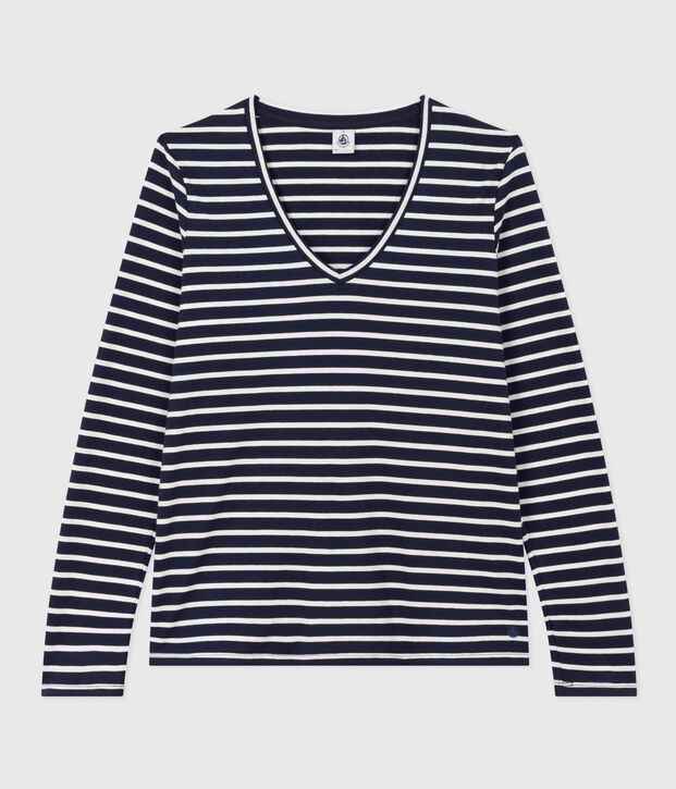 Le Droit, T-shirt met lange mouw en V-hals van dunne jersey voor dames blauw/wit