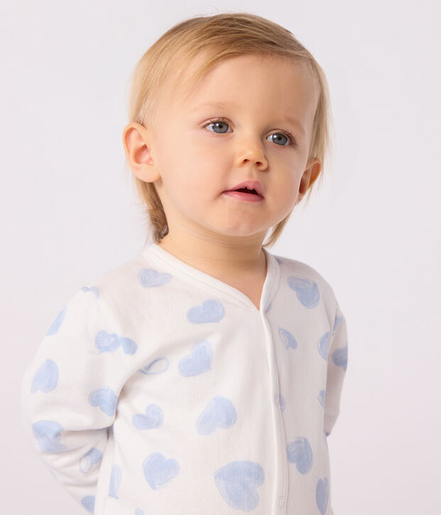 Babypyjama van geruwde fleece met kraag en hartjesprint wit/blauw