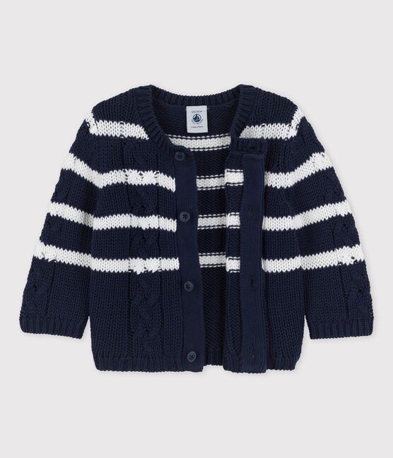 Babycardigan in gekabeld tricot blauw SMOKING/wit MARSHMALLOW