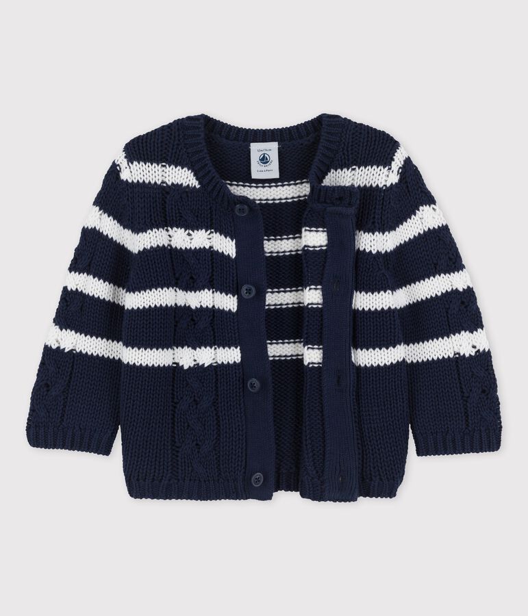 Babycardigan in gekabeld tricot blauw/wit